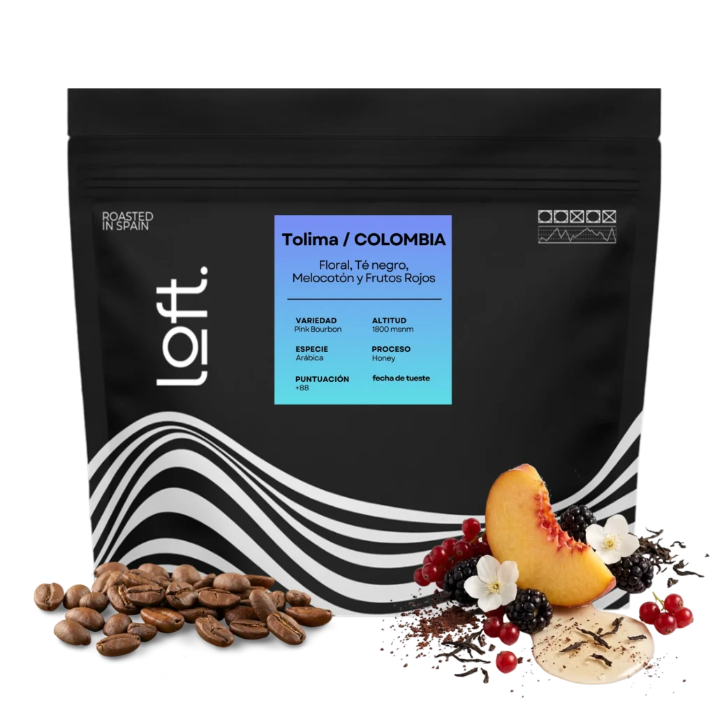 Café Colombia Tolima de Loft con sus notas de cata: floral, té negro, melocotón y frutos rojos