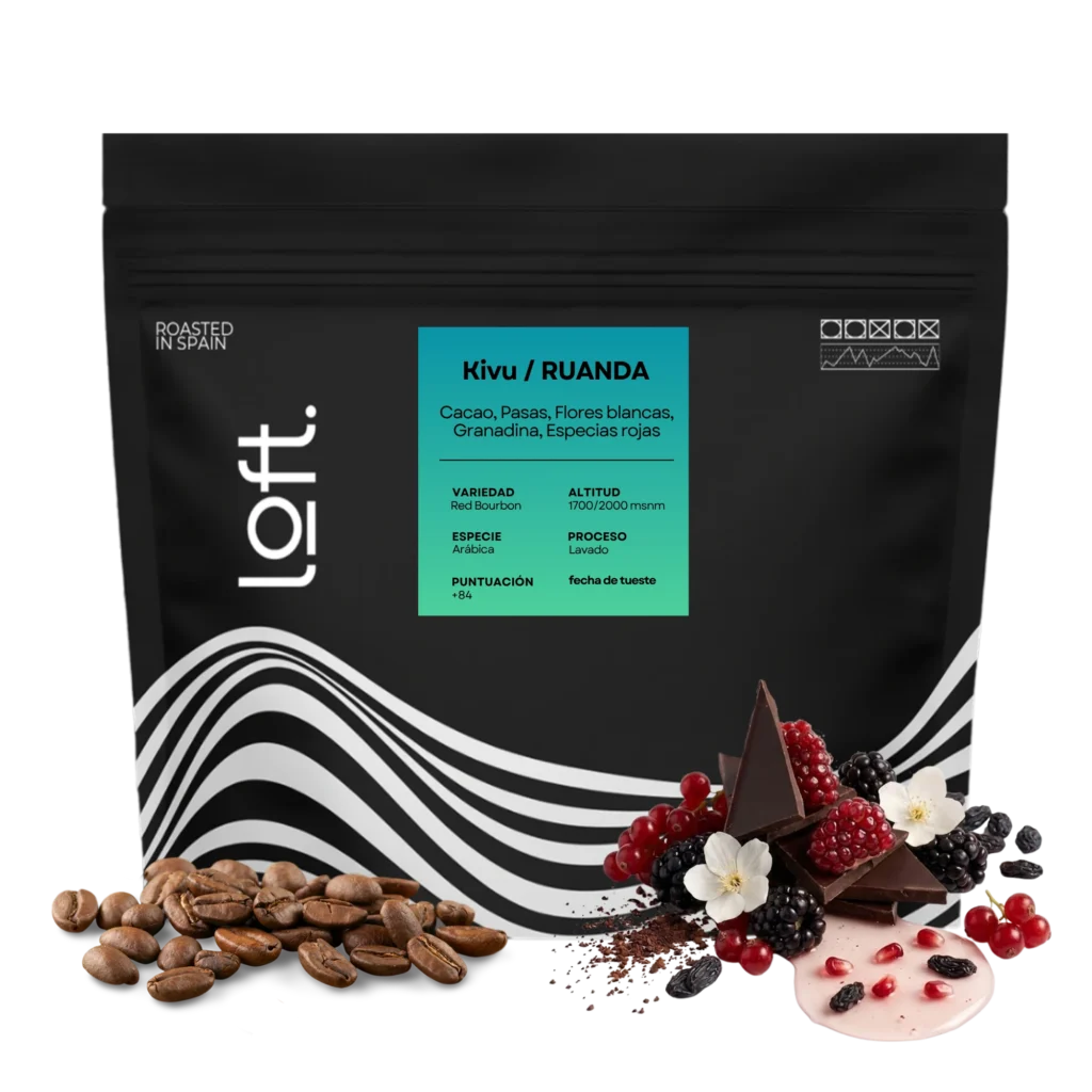 Café Ruanda Kivu de Loft con sus notas de cata: cacao, pasas, flores blancas, granadina y especias